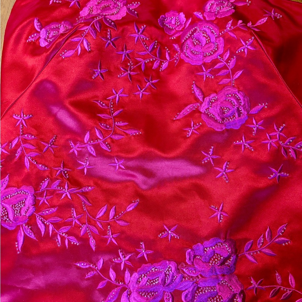 Kay Unger Red Satin Cocktail Strapless Dress Embroidered Beaded Fuchsia 2P - Picture 11 of 11